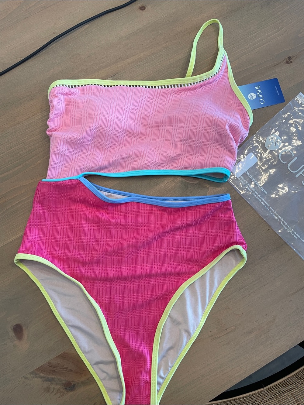 Cupshe Pink Bikini Set with Lime Trim